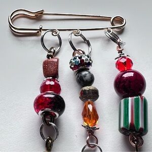 Brooch Multi Charm Glass Bead Dangle Safety Pin, Kilt Bar Pin Handmade OOAK 4400